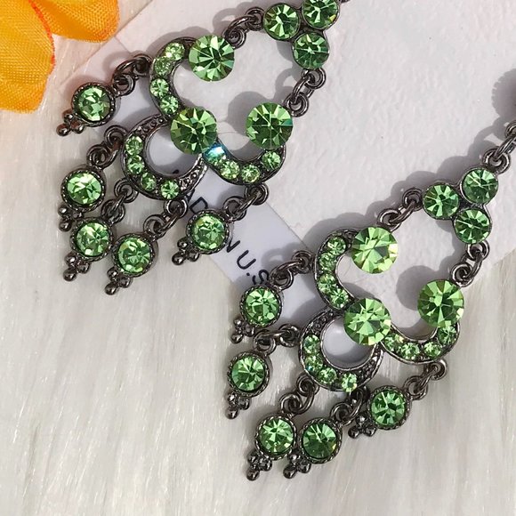 Boho Earrings Green Rhinestone Dressy Drop Dangles Dark Antique Silvertone Med - Picture 2 of 4